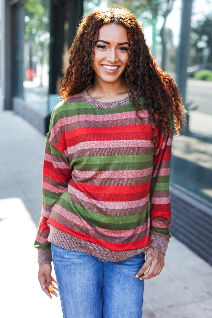 Perfectly You Olive & Mauve Stripe Two-Tone Banded Sweater Top-Timber Brooke Boutique, Online Women's Fashion Boutique in Amarillo, Texas