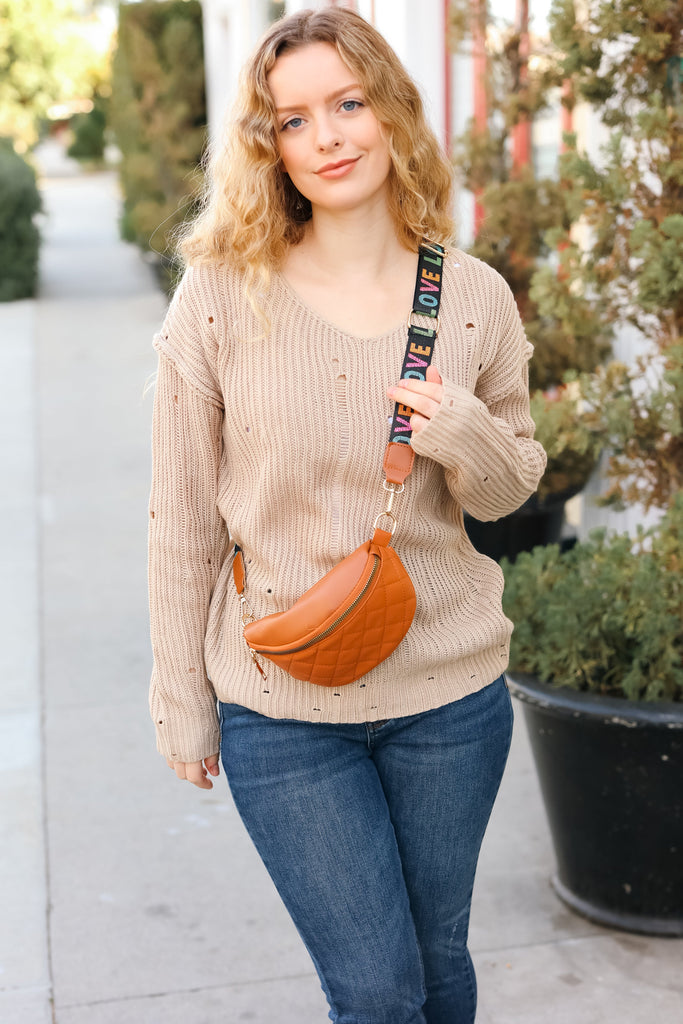 Camel Quilted "LOVE" Strap Crossbody Sling Bag-Timber Brooke Boutique, Online Women's Fashion Boutique in Amarillo, Texas