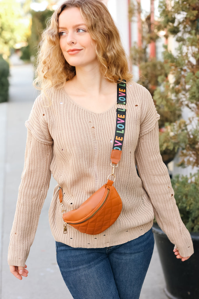 Camel Quilted "LOVE" Strap Crossbody Sling Bag-Timber Brooke Boutique, Online Women's Fashion Boutique in Amarillo, Texas