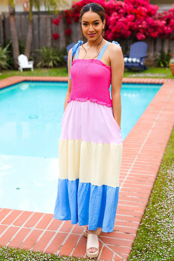 Vacay Vibes Hot Pink & Blue Smocked Color Block Maxi Dress-Timber Brooke Boutique, Online Women's Fashion Boutique in Amarillo, Texas