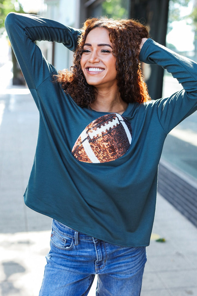 Game Day Forest Green Sequin Football Patch Terry Top-Timber Brooke Boutique, Online Women's Fashion Boutique in Amarillo, Texas