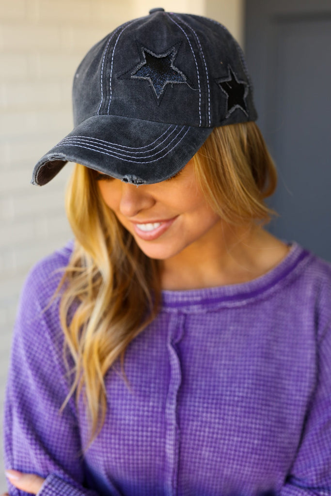 Charcoal Glitter Star Distressed Baseball Cap-Timber Brooke Boutique, Online Women's Fashion Boutique in Amarillo, Texas
