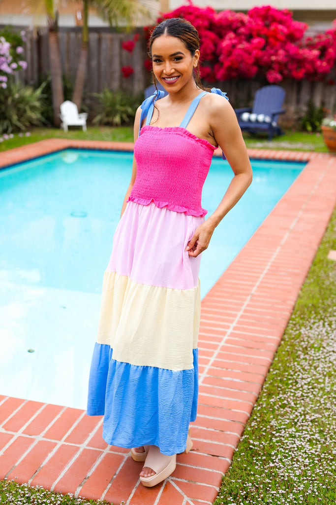 Vacay Vibes Hot Pink & Blue Smocked Color Block Maxi Dress-Timber Brooke Boutique, Online Women's Fashion Boutique in Amarillo, Texas