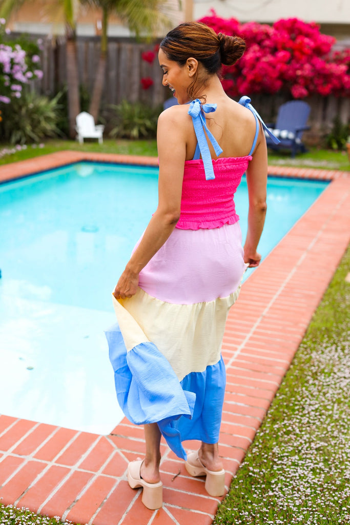 Vacay Vibes Hot Pink & Blue Smocked Color Block Maxi Dress-Timber Brooke Boutique, Online Women's Fashion Boutique in Amarillo, Texas