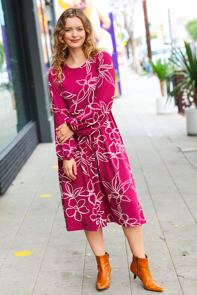 Sangria Fit & Flare Floral Print Midi Dress-Timber Brooke Boutique, Online Women's Fashion Boutique in Amarillo, Texas
