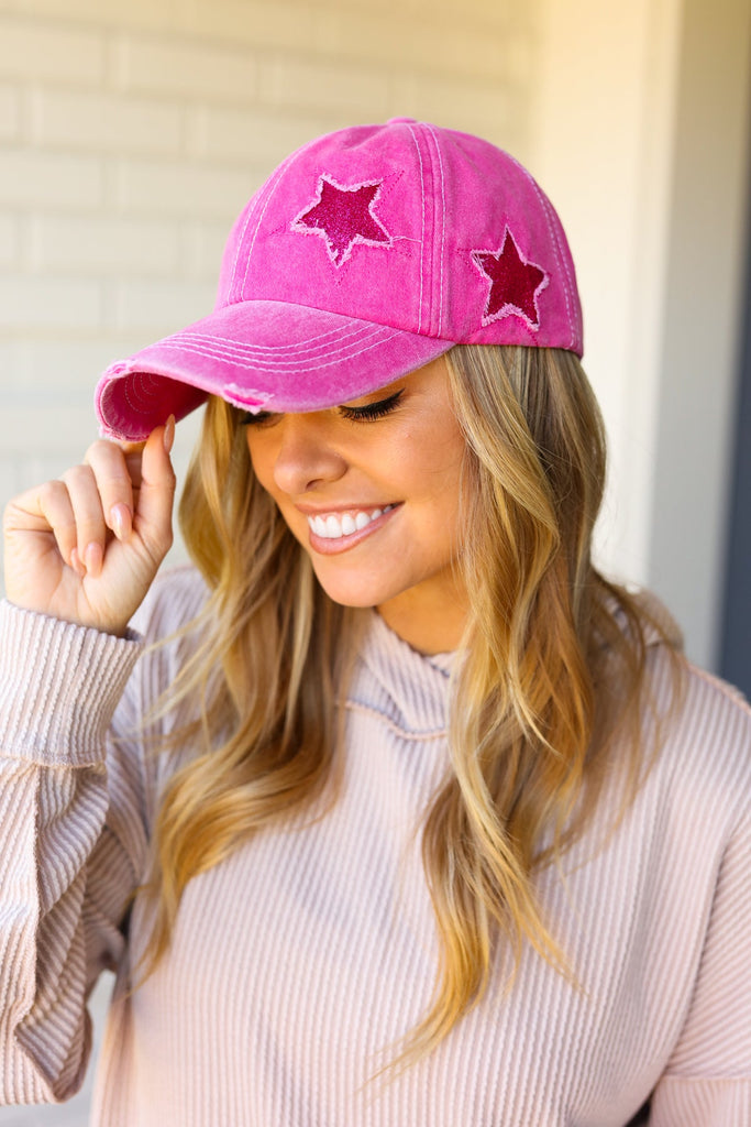 Fuchsia Glitter Star Distressed Baseball Cap-Timber Brooke Boutique, Online Women's Fashion Boutique in Amarillo, Texas