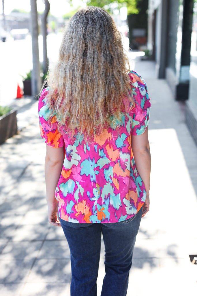 Summer Vibes Fuchsia Abstract Print Frill Notch Neck Puff Sleeve Top-Timber Brooke Boutique, Online Women's Fashion Boutique in Amarillo, Texas