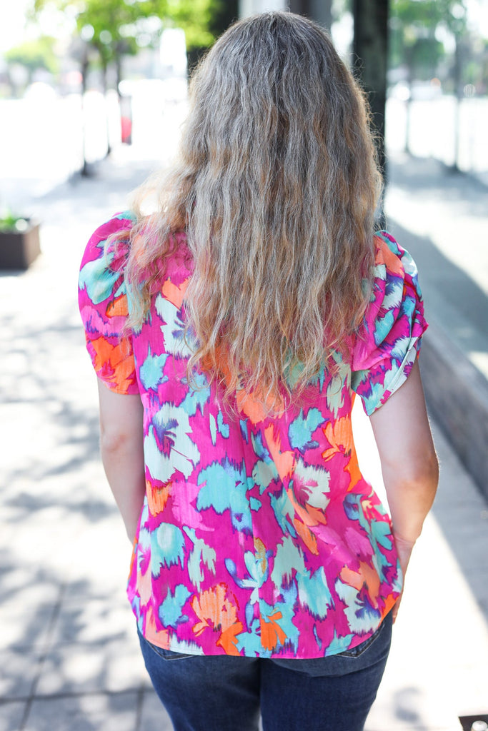 Summer Vibes Fuchsia Abstract Print Frill Notch Neck Puff Sleeve Top-Timber Brooke Boutique, Online Women's Fashion Boutique in Amarillo, Texas