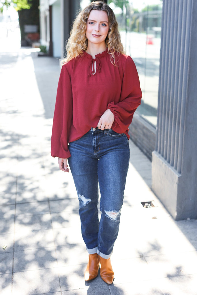 Feeling Femme Burgundy Frilled Edge V Neck Tie Top-Timber Brooke Boutique, Online Women's Fashion Boutique in Amarillo, Texas