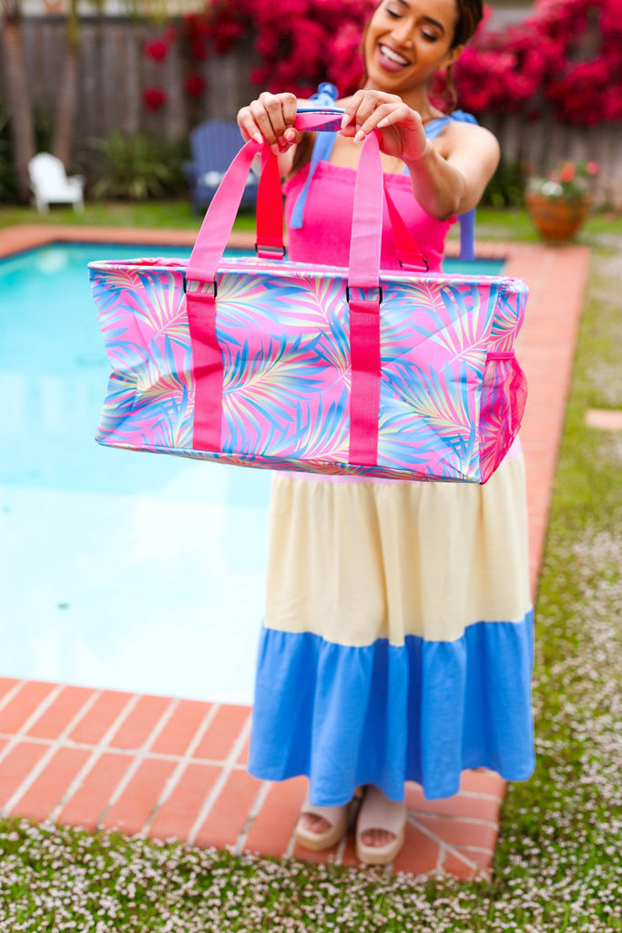 Pink & Blue Tropical Print Collapsible Canvas Strap Tote-Timber Brooke Boutique, Online Women's Fashion Boutique in Amarillo, Texas