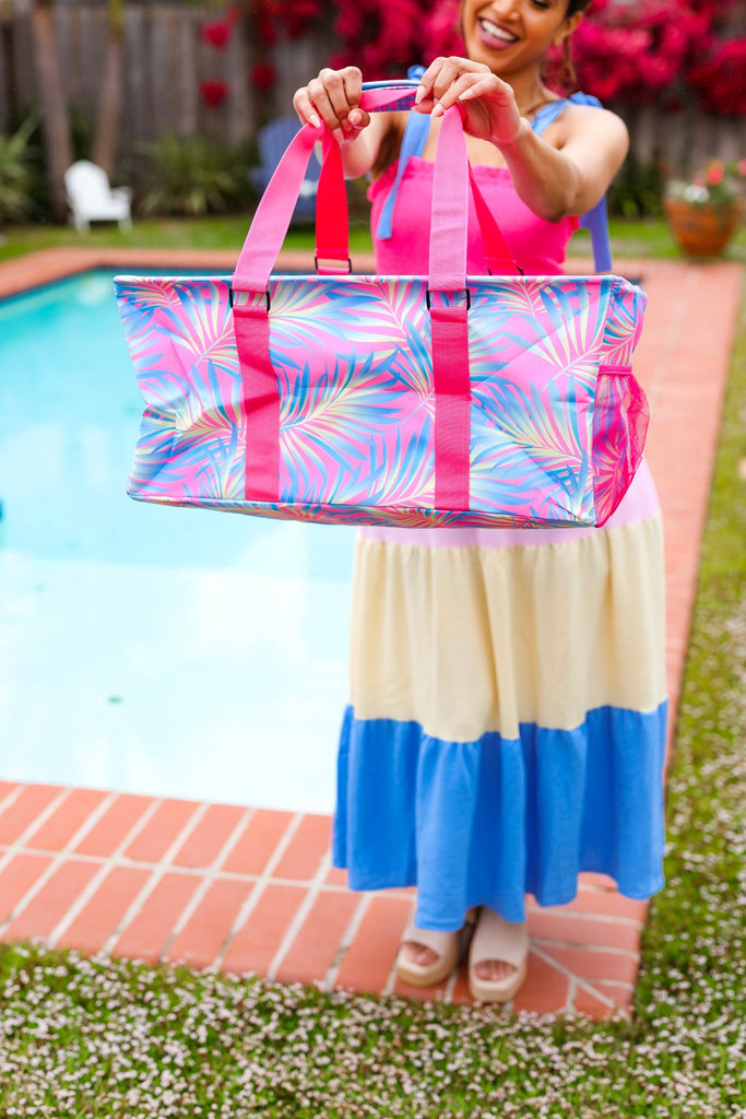 Pink & Blue Tropical Print Collapsible Canvas Strap Tote-Timber Brooke Boutique, Online Women's Fashion Boutique in Amarillo, Texas