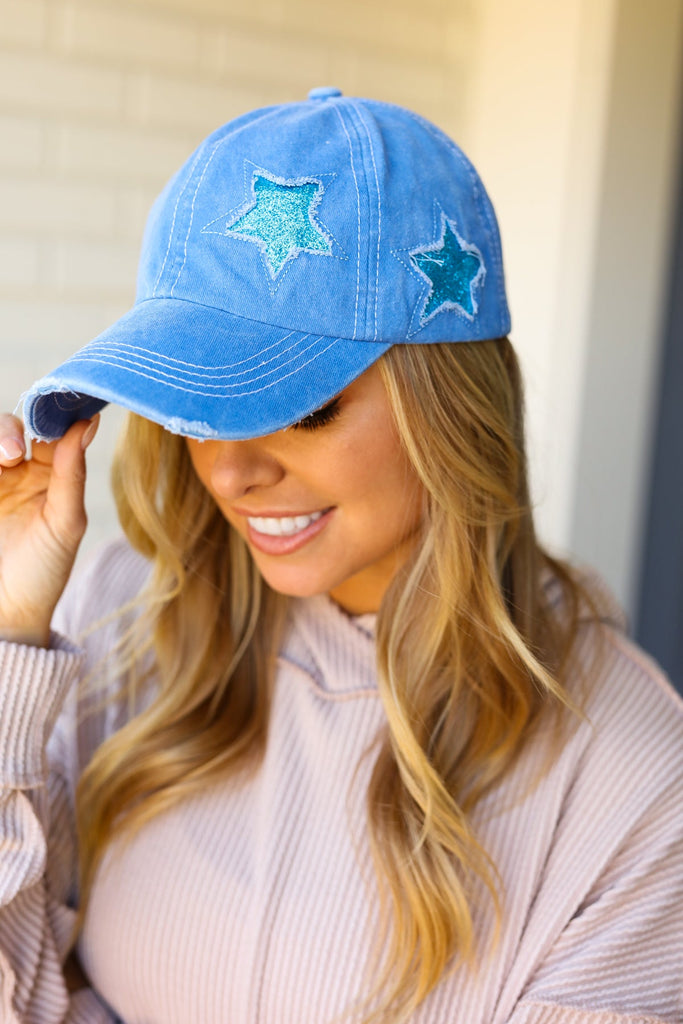 Blue Glitter Star Distressed Baseball Cap-Timber Brooke Boutique, Online Women's Fashion Boutique in Amarillo, Texas