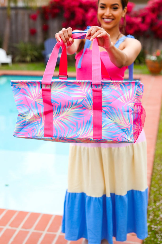 Pink & Blue Tropical Print Collapsible Canvas Strap Tote-Timber Brooke Boutique, Online Women's Fashion Boutique in Amarillo, Texas