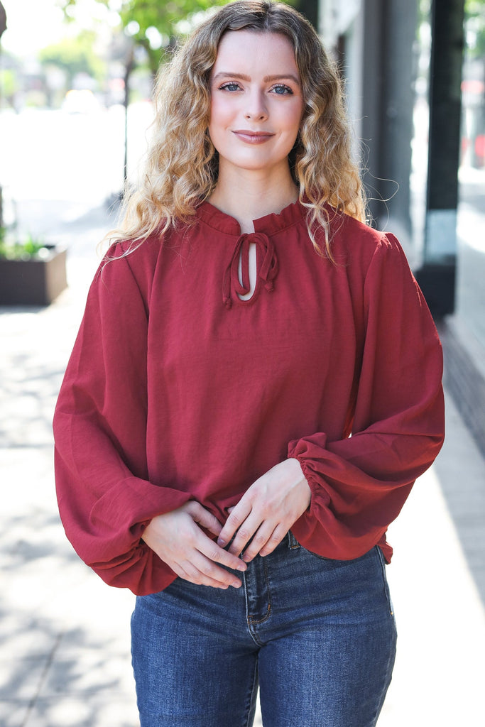 Feeling Femme Burgundy Frilled Edge V Neck Tie Top-Timber Brooke Boutique, Online Women's Fashion Boutique in Amarillo, Texas