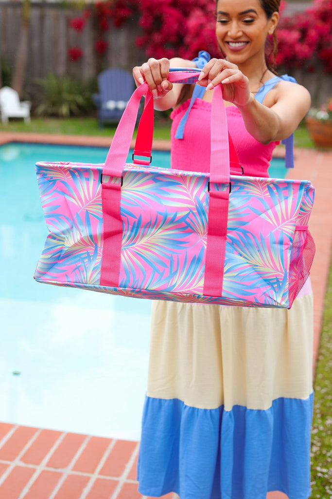 Pink & Blue Tropical Print Collapsible Canvas Strap Tote-Timber Brooke Boutique, Online Women's Fashion Boutique in Amarillo, Texas