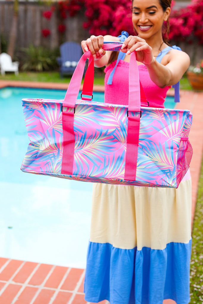 Pink & Blue Tropical Print Collapsible Canvas Strap Tote-Timber Brooke Boutique, Online Women's Fashion Boutique in Amarillo, Texas