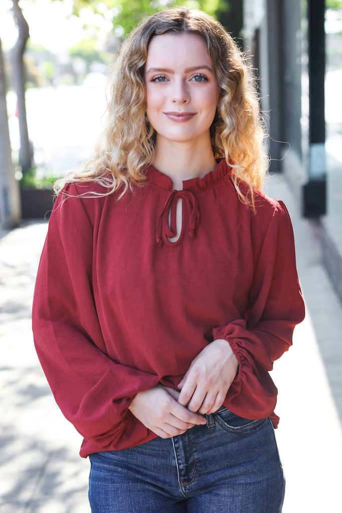 Feeling Femme Burgundy Frilled Edge V Neck Tie Top-Timber Brooke Boutique, Online Women's Fashion Boutique in Amarillo, Texas