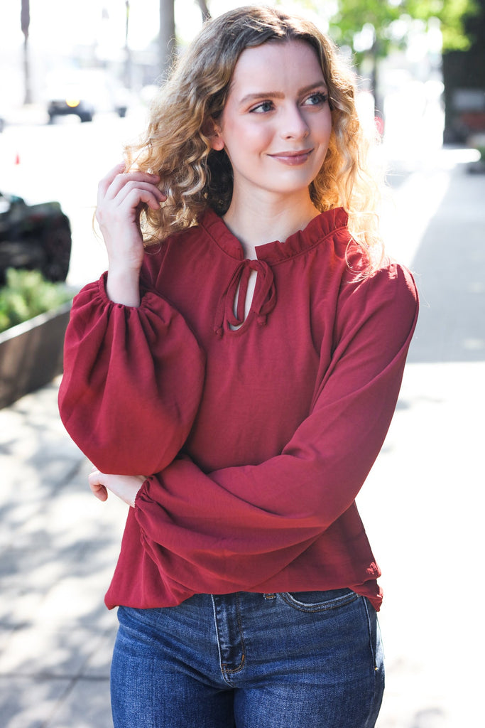 Feeling Femme Burgundy Frilled Edge V Neck Tie Top-Timber Brooke Boutique, Online Women's Fashion Boutique in Amarillo, Texas