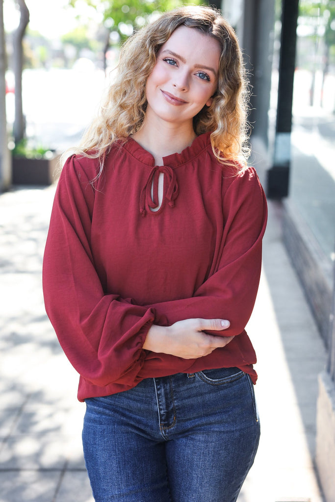 Feeling Femme Burgundy Frilled Edge V Neck Tie Top-Timber Brooke Boutique, Online Women's Fashion Boutique in Amarillo, Texas