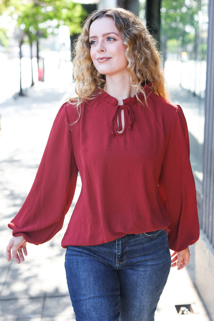 Feeling Femme Burgundy Frilled Edge V Neck Tie Top-Timber Brooke Boutique, Online Women's Fashion Boutique in Amarillo, Texas