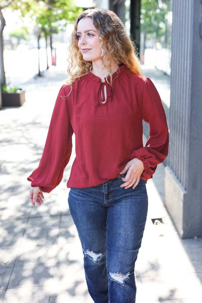 Feeling Femme Burgundy Frilled Edge V Neck Tie Top-Timber Brooke Boutique, Online Women's Fashion Boutique in Amarillo, Texas