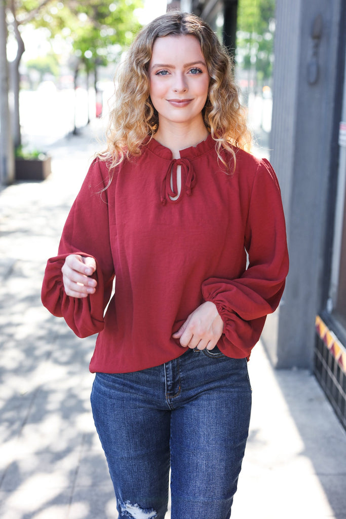 Feeling Femme Burgundy Frilled Edge V Neck Tie Top-Timber Brooke Boutique, Online Women's Fashion Boutique in Amarillo, Texas