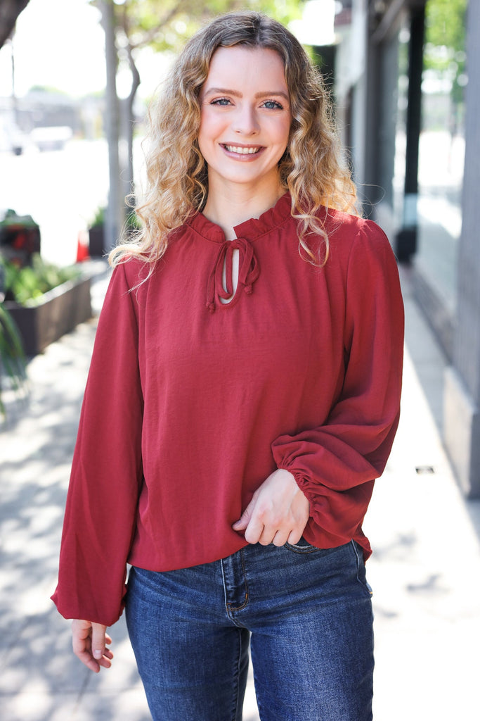 Feeling Femme Burgundy Frilled Edge V Neck Tie Top-Timber Brooke Boutique, Online Women's Fashion Boutique in Amarillo, Texas