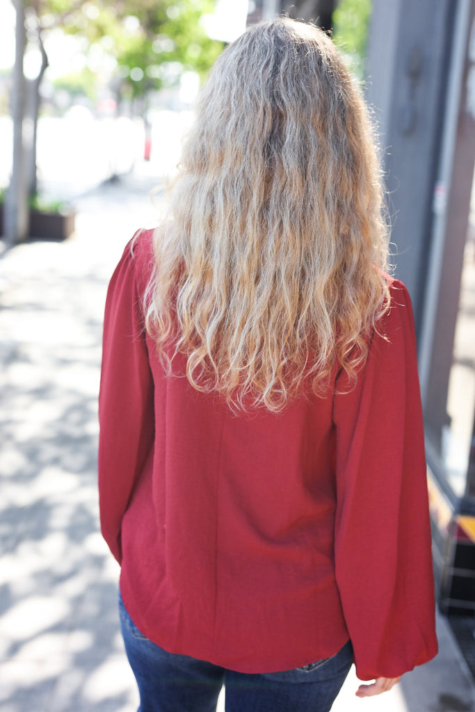 Feeling Femme Burgundy Frilled Edge V Neck Tie Top-Timber Brooke Boutique, Online Women's Fashion Boutique in Amarillo, Texas