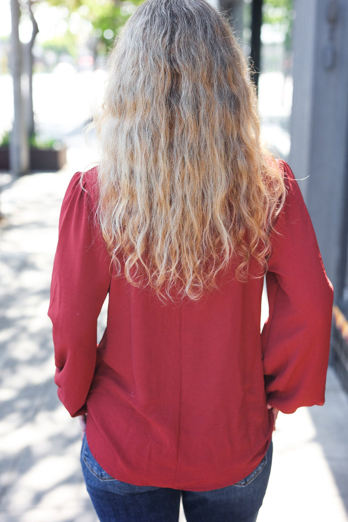 Feeling Femme Burgundy Frilled Edge V Neck Tie Top-Timber Brooke Boutique, Online Women's Fashion Boutique in Amarillo, Texas