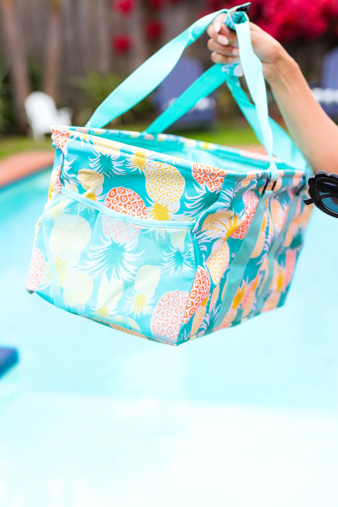 Turquoise Pineapple Print Collapsible Canvas & Nylon Tote-Timber Brooke Boutique, Online Women's Fashion Boutique in Amarillo, Texas