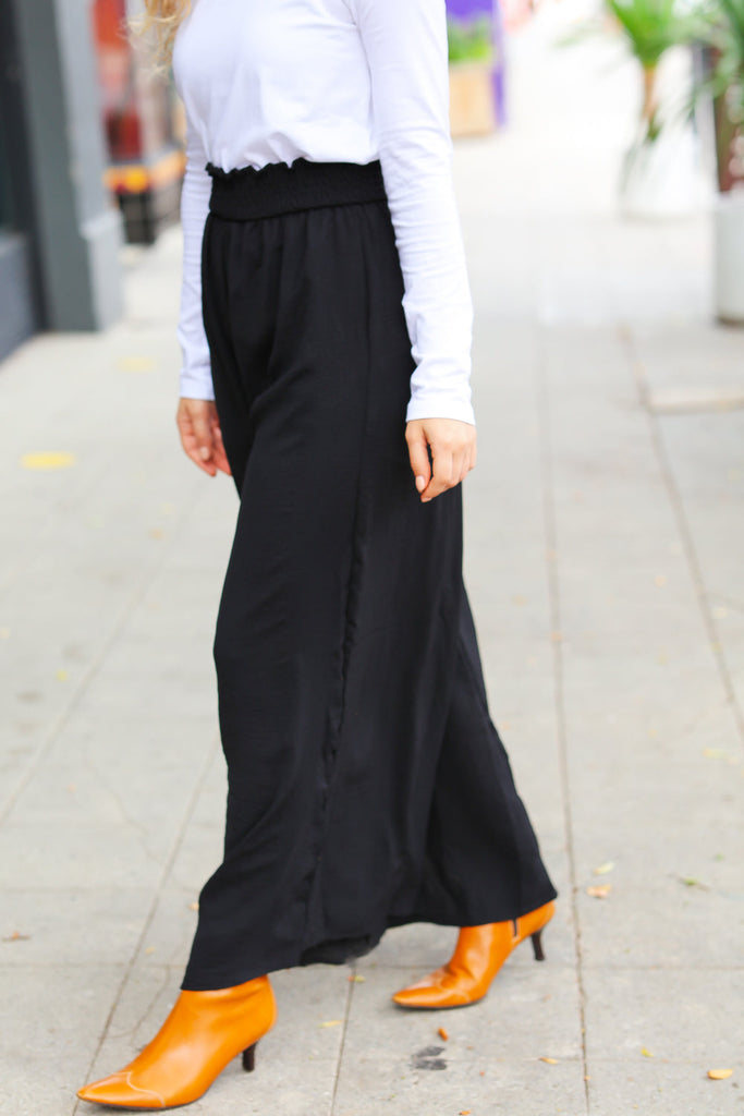 Relaxed Fun Black Smocked Waist Palazzo Pants-Timber Brooke Boutique, Online Women's Fashion Boutique in Amarillo, Texas