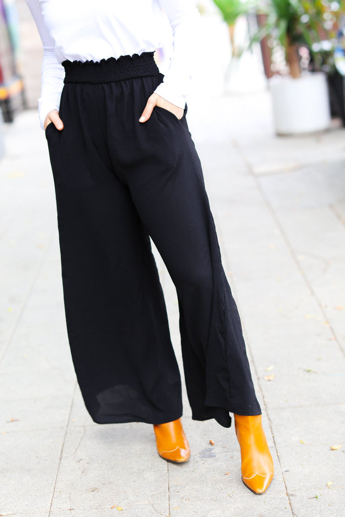 Relaxed Fun Black Smocked Waist Palazzo Pants-Timber Brooke Boutique, Online Women's Fashion Boutique in Amarillo, Texas