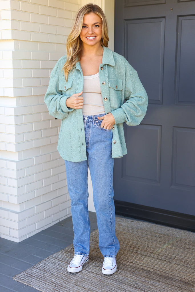 Casual Savvy Sage Cable Knit Button Down Shacket-Timber Brooke Boutique, Online Women's Fashion Boutique in Amarillo, Texas