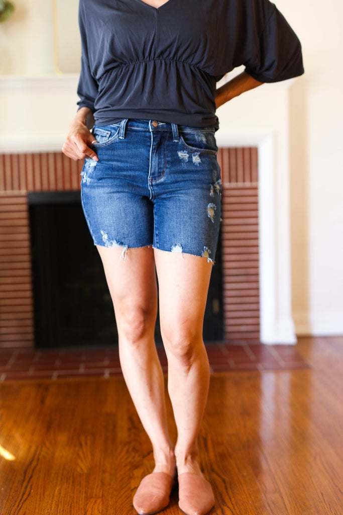 Dark Denim High Rise Cut Off Distressed Shorts-Timber Brooke Boutique, Online Women's Fashion Boutique in Amarillo, Texas