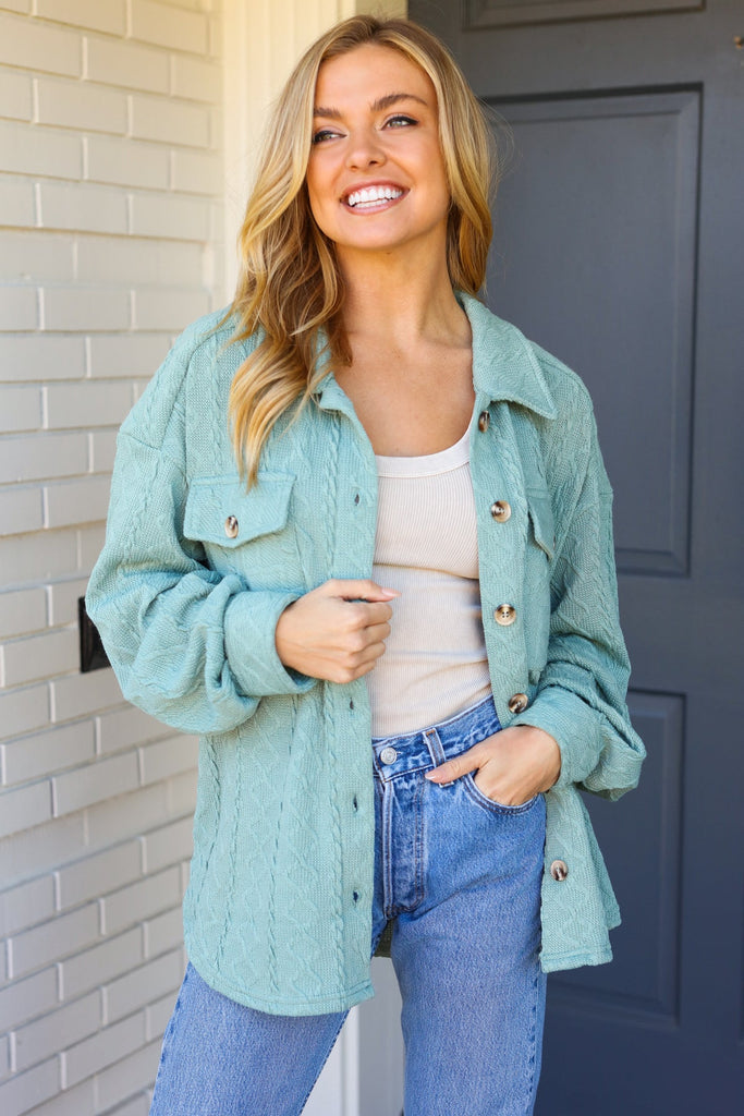 Casual Savvy Sage Cable Knit Button Down Shacket-Timber Brooke Boutique, Online Women's Fashion Boutique in Amarillo, Texas
