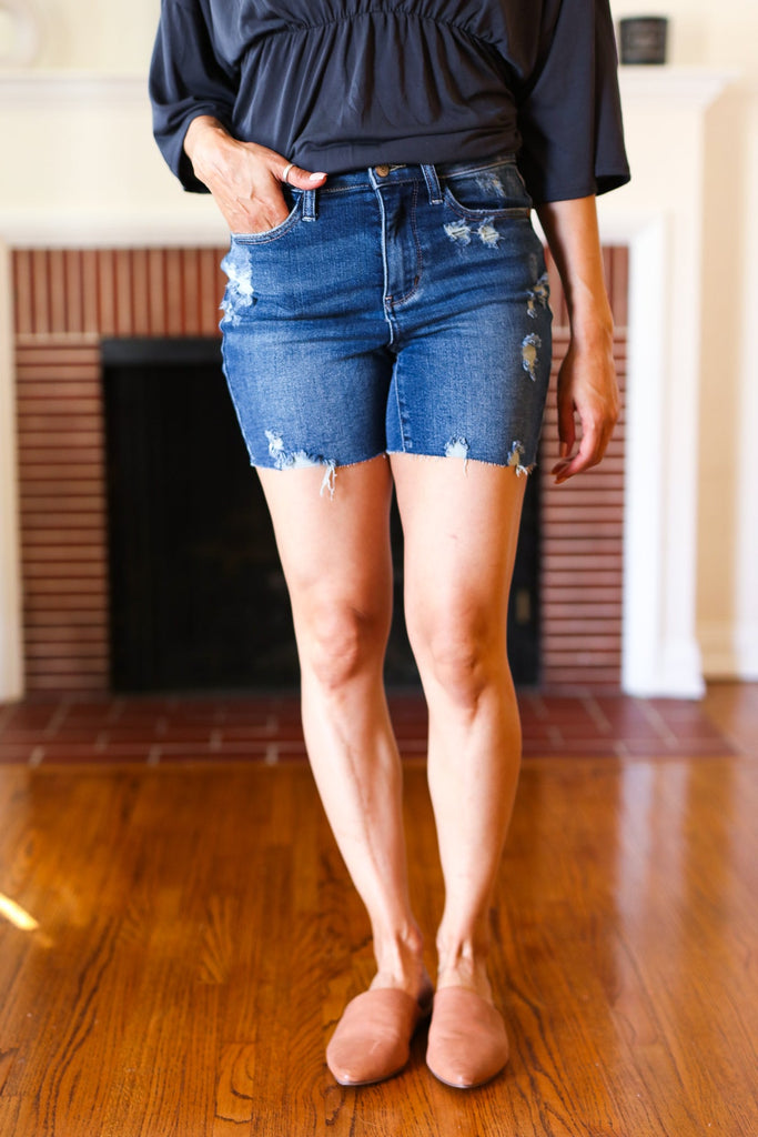 Dark Denim High Rise Cut Off Distressed Shorts-Timber Brooke Boutique, Online Women's Fashion Boutique in Amarillo, Texas