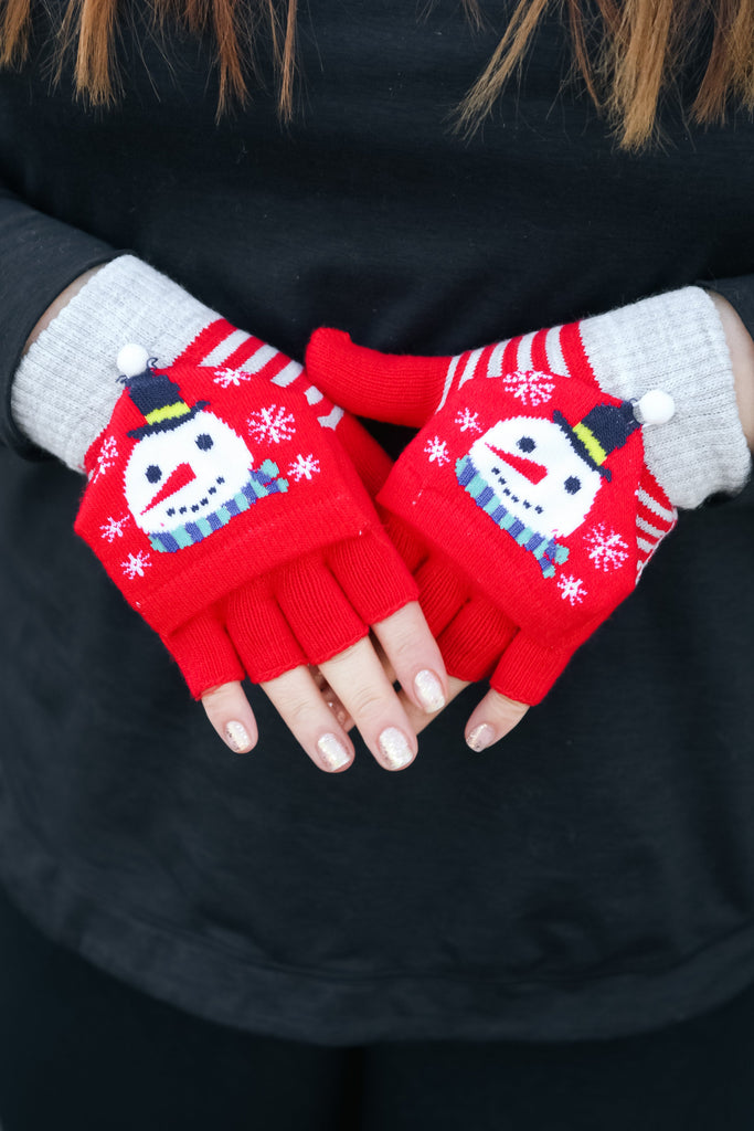 Snowman Fingerless Gloves with Convertible Mittens-Timber Brooke Boutique, Online Women's Fashion Boutique in Amarillo, Texas