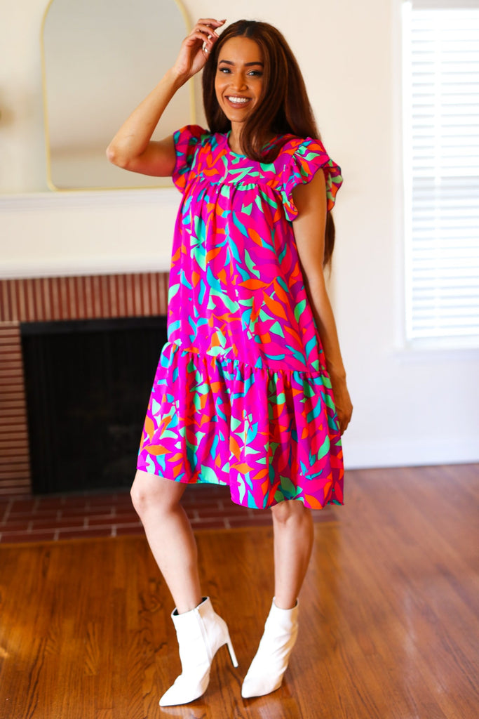 You Got This Purple Abstract Floral Print Tiered Ruffle Sleeve Dress-Timber Brooke Boutique, Online Women's Fashion Boutique in Amarillo, Texas