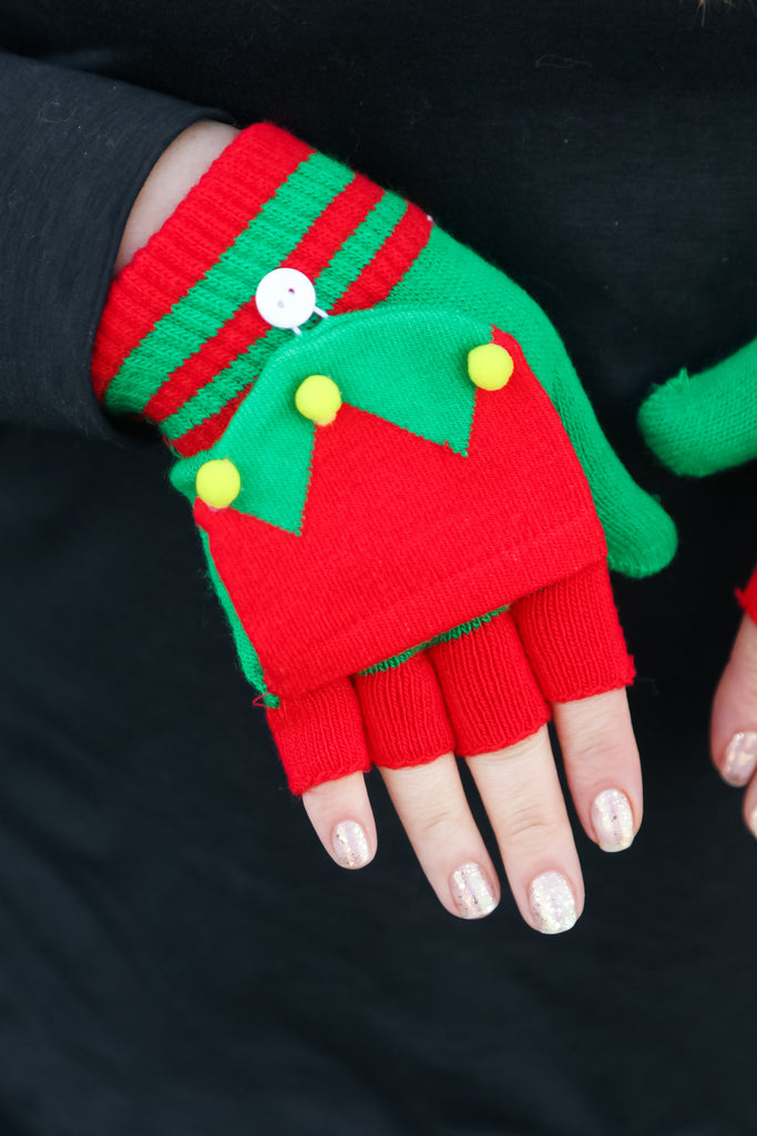 Red & Green Elf Fingerless Gloves with Convertible Mittens-Timber Brooke Boutique, Online Women's Fashion Boutique in Amarillo, Texas