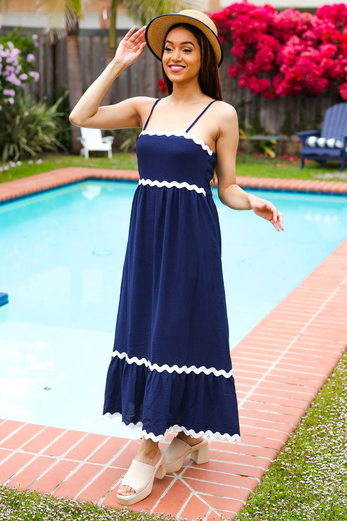 Bold & Sassy Navy Square Neck Ric Rac Trim Adjustable Straps Maxi-Timber Brooke Boutique, Online Women's Fashion Boutique in Amarillo, Texas