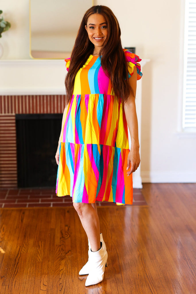 Eyes On You Multicolor Abstract Print Smocked Ruffle Sleeve Dress-Mini Dresses-Timber Brooke Boutique, Online Women's Fashion Boutique in Amarillo, Texas