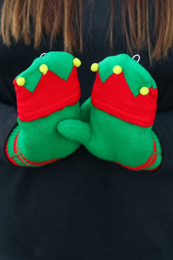 Red & Green Elf Fingerless Gloves with Convertible Mittens-Timber Brooke Boutique, Online Women's Fashion Boutique in Amarillo, Texas
