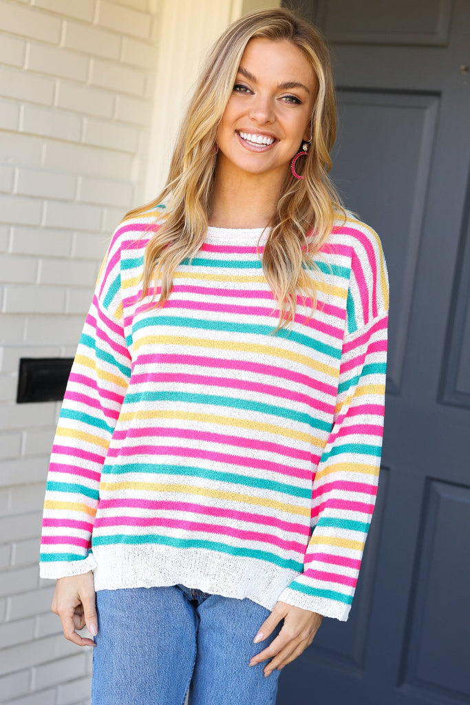 Bold & Sassy Fuchsia Multi Stripe Pullover Sweater-Timber Brooke Boutique, Online Women's Fashion Boutique in Amarillo, Texas