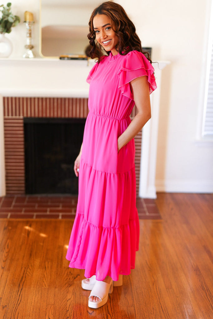 Perfectly You Hot Pink Mock Neck Tiered Chiffon Maxi Dress-Timber Brooke Boutique, Online Women's Fashion Boutique in Amarillo, Texas