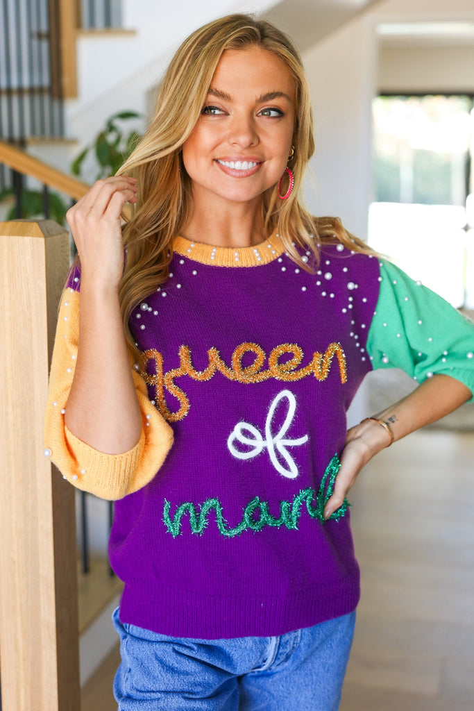 "Queen of Mardi" Pearl & Tinsel Color Block Knit Top-Timber Brooke Boutique, Online Women's Fashion Boutique in Amarillo, Texas