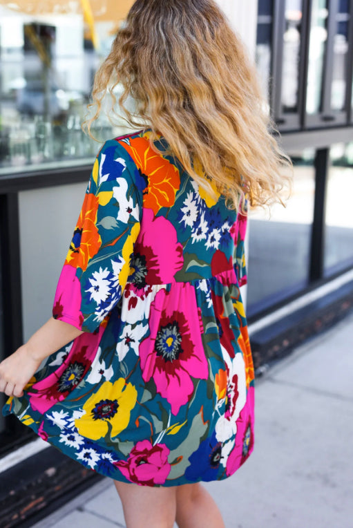 Hello Beautiful Teal Floral Print V Neck Babydoll Dress-Timber Brooke Boutique, Online Women's Fashion Boutique in Amarillo, Texas