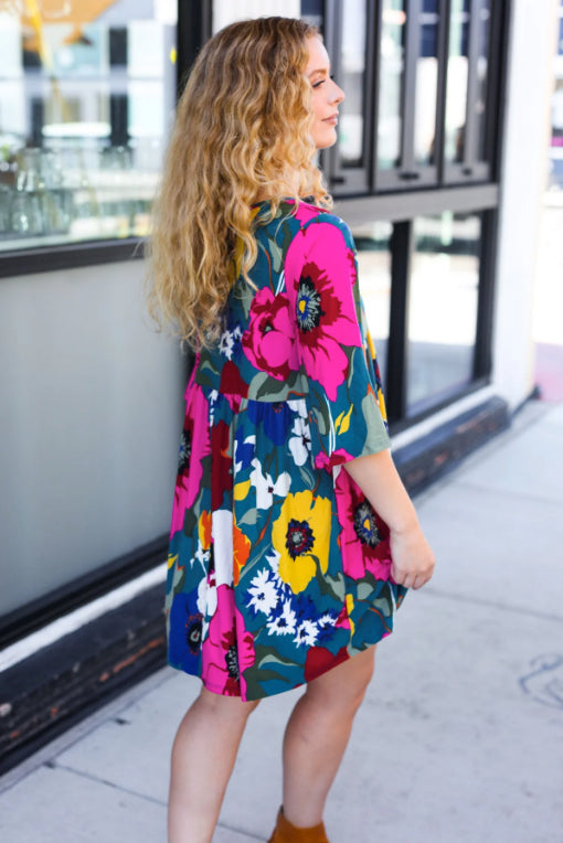 Hello Beautiful Teal Floral Print V Neck Babydoll Dress-Timber Brooke Boutique, Online Women's Fashion Boutique in Amarillo, Texas