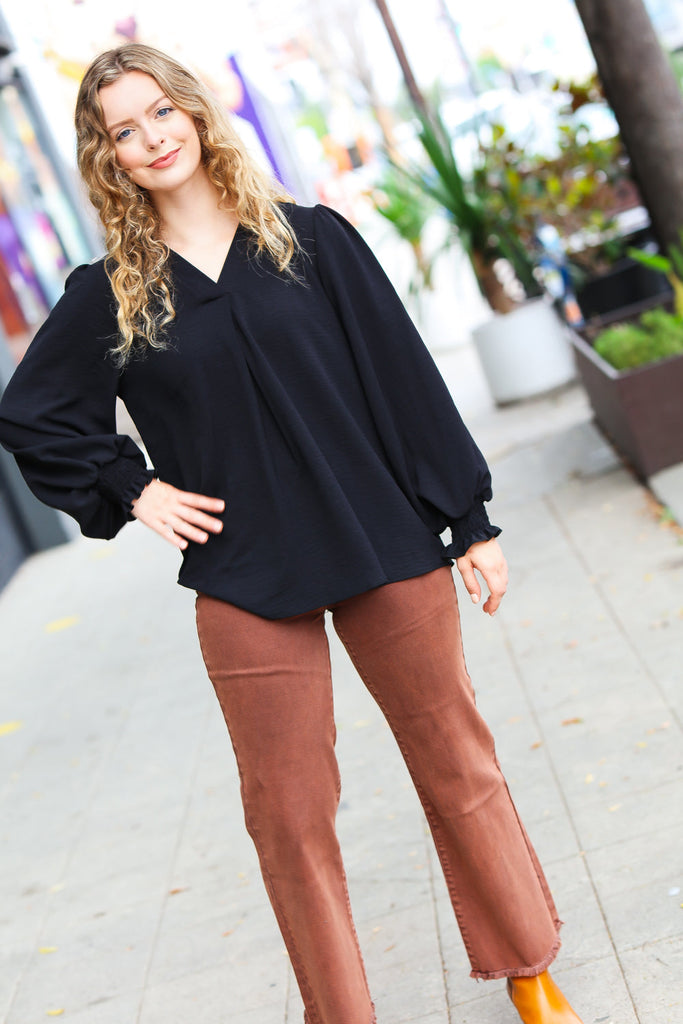 Feeling Bold Black Banded V Neck Smocked Top-Long Sleeve Tops-Timber Brooke Boutique, Online Women's Fashion Boutique in Amarillo, Texas