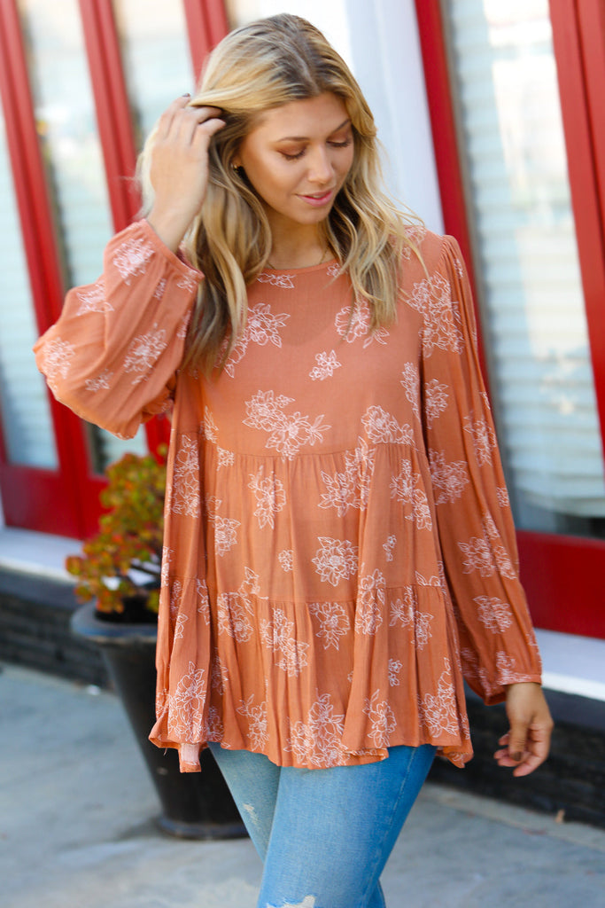 Rust Boho Crinkle Floral Button Back Tiered Top-Timber Brooke Boutique, Online Women's Fashion Boutique in Amarillo, Texas