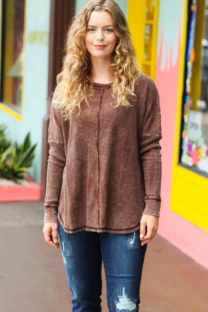 Brown Mineral Wash Baby Waffle Oversized Cut Edge Top-Timber Brooke Boutique, Online Women's Fashion Boutique in Amarillo, Texas
